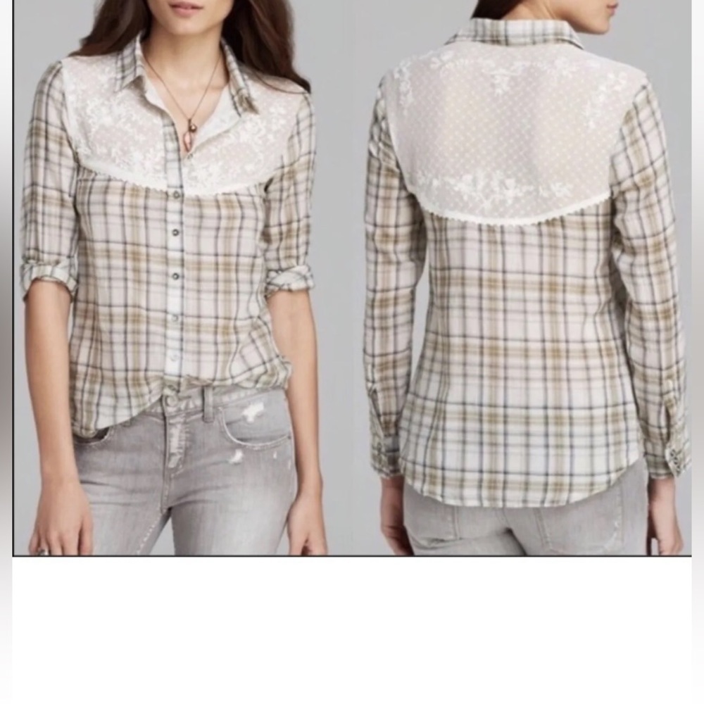 Free People Plaid Saddle Up Button Down Shirt With Embroidered Lace Size S